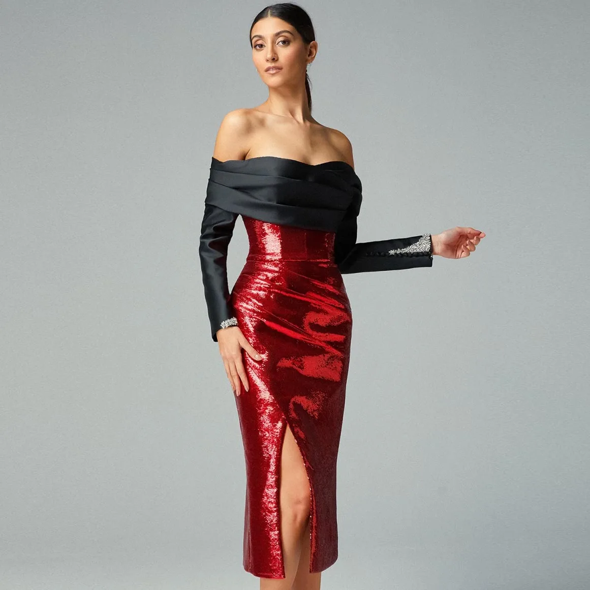 

Off Shoulder Red Dress Sparkly Party Dress Sequin Midi Cocktail Dress Bodycon Dress Long Sleeve Prom Dresses Elegant Woman Gown