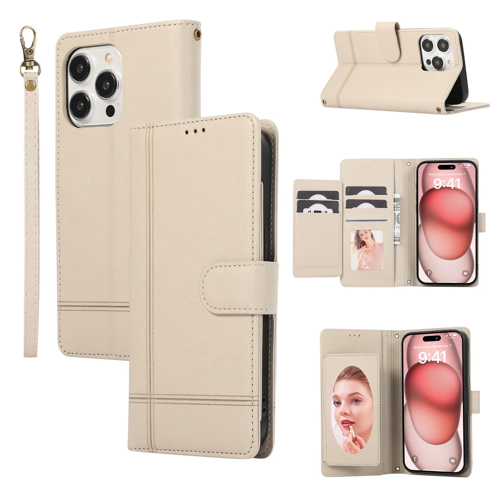 Фото Мини-зеркальный чехол-кошелек для Xiaomi Mi15 Mi14T Mi14 Mi13T Mi13 Mi12T Mi11T Mi11 Multi 5 карт, кожаный чехол через плечо с ремешком на руку №4