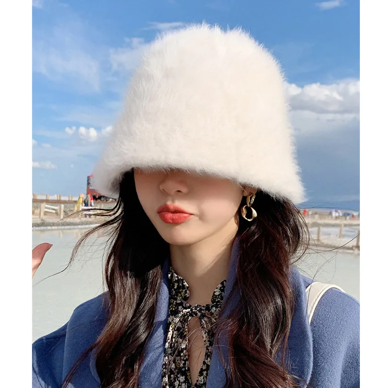 

Rabbit Fur Bucket Hat Female Furry Fisherman Hat Korean Version Warm Hat Autumn and Winter Plush Cover Face Sunscreen Hat
