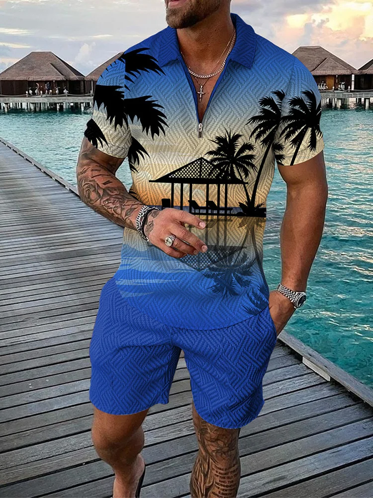 Hawaiian Men Tracksuit Coconut Tree 3D Printed Clothing Beach Fashion Casual 2 Piece Summer Short Sleeved Polo Shirt Shorts Set