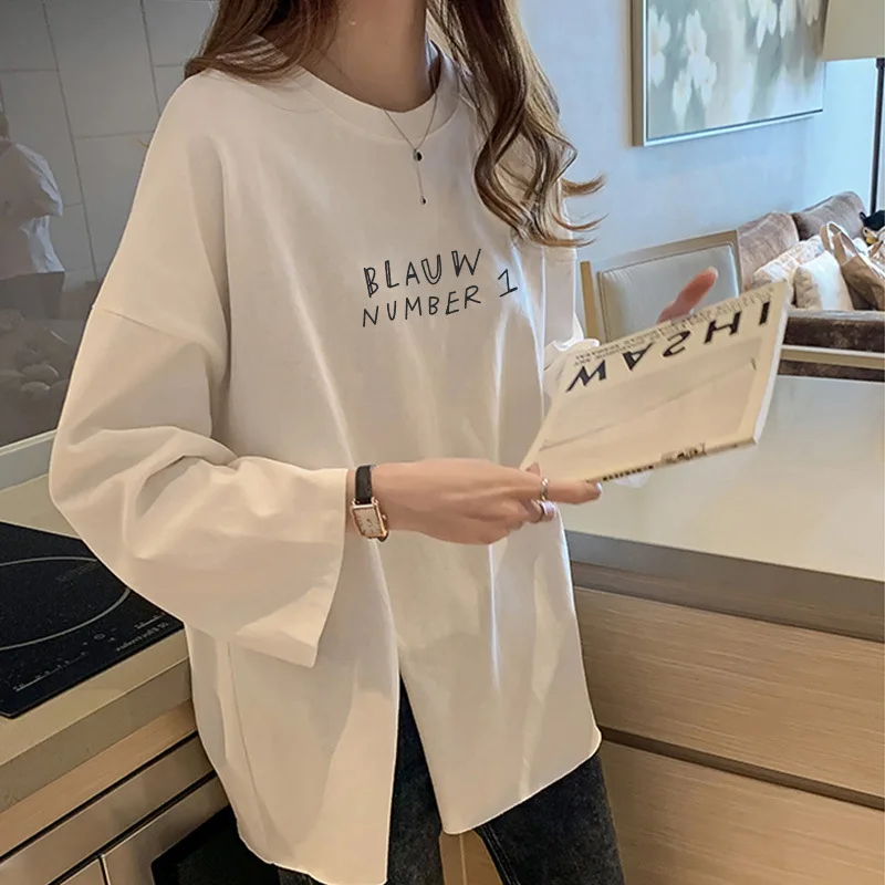 

Women Long-sleeved T-shirt Office Lady Letter Print Top Tees Loose Split Pullover 2023 Autumn Winter Femal Korean Style Clothes