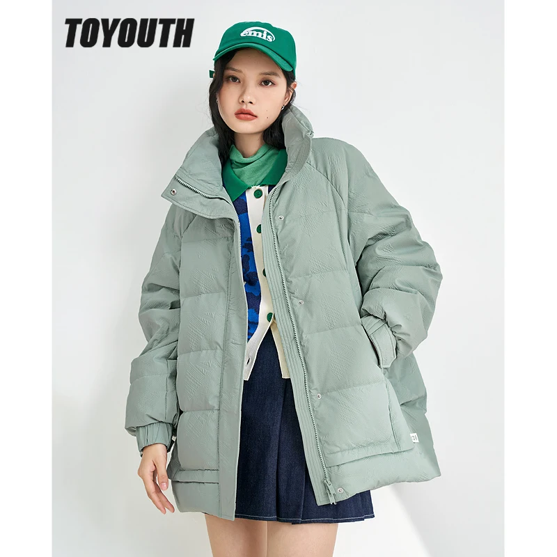 Toyouth Women Thick Down Jacket 2022 Winter Stand Collar White Duck Down Warm Windproof Coat Beige Green Casual Chic Outwear
