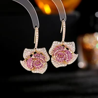 high quality fashion zircon crystal camellias drop earrings women ear trinket office lady flower earings wedding party jewelry
