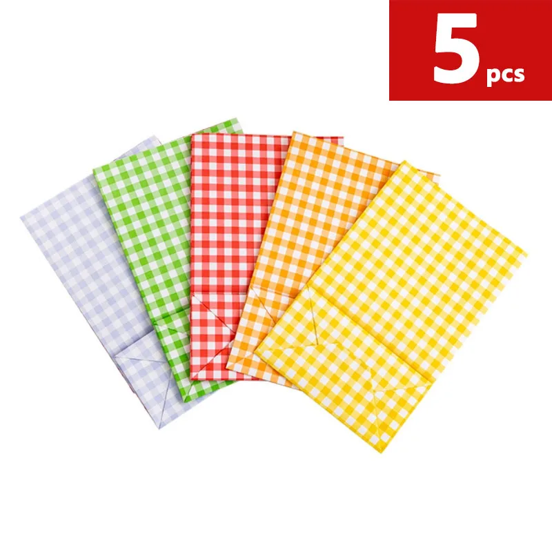 

5Pcs Gift Wrapping Checked Pattern Party Bags Candy Kraft Paper Bags KawaiiFlat Bottom Gift Bags