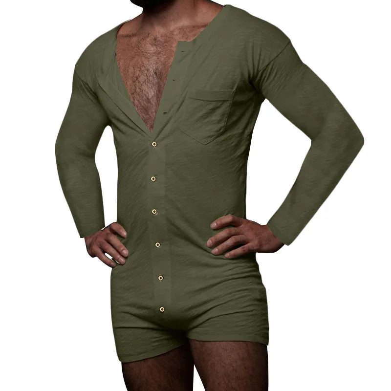 

Men Pajamas Rompers Solid Color Homewear O Neck Long Sleeve Button Jumpsuits Cozy Breathable Men Thin Playsuit Nightwear