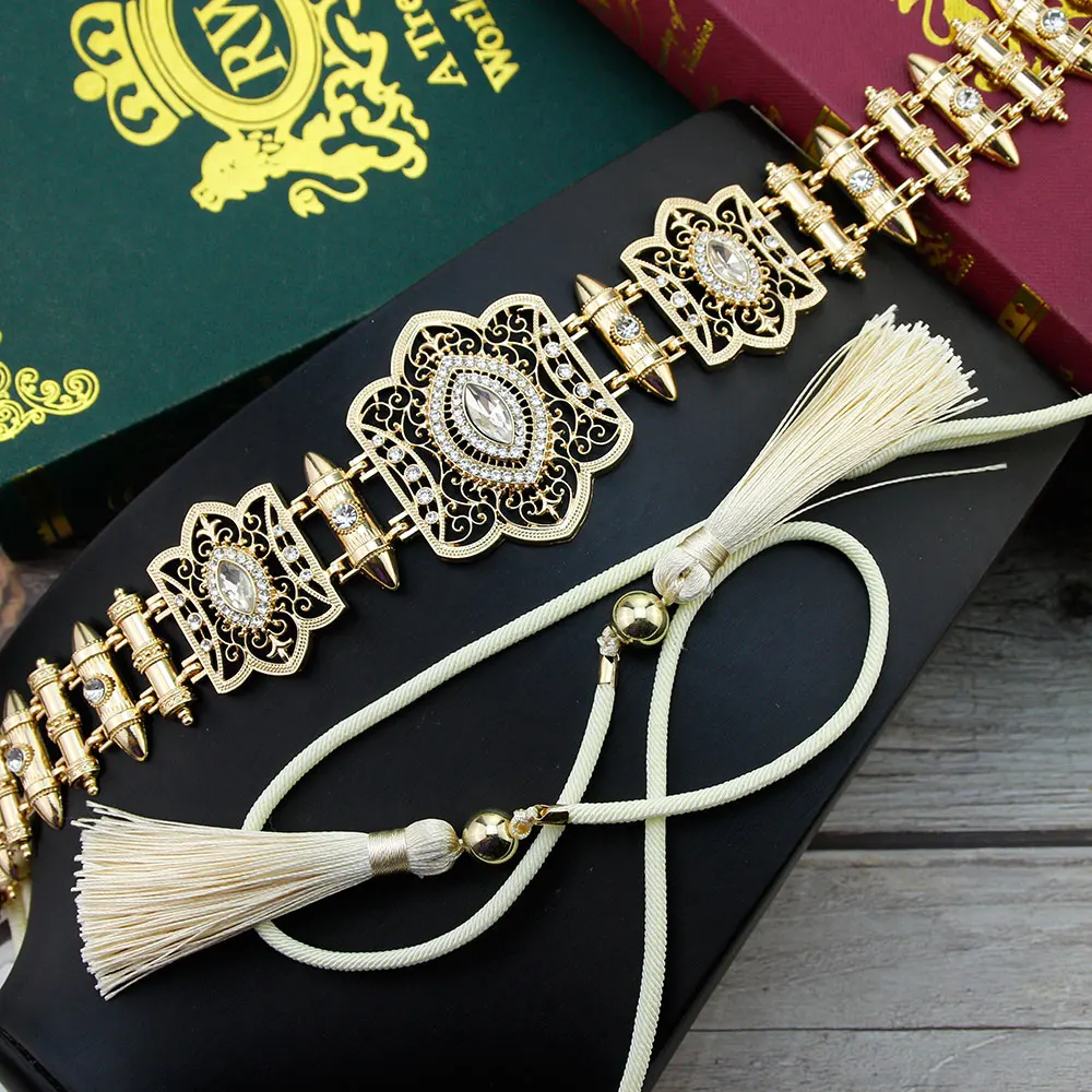 

Sunspicems Versatile Morocco Women Belt Hand Rope Chain Waist Belt Gold Color Bride Wedding Jewelry Arabic Kaftan Dress Girdle
