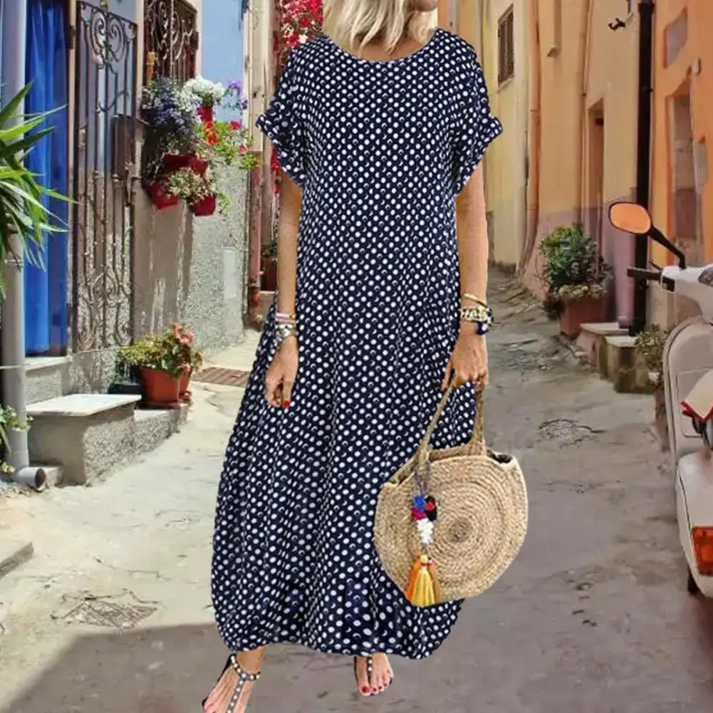 

Women Maxi Dress Dot Print Contrast Color Sleeveless Loose Pullover Dress-up Vintage Plus Size Women Summer Dress Female Clothes