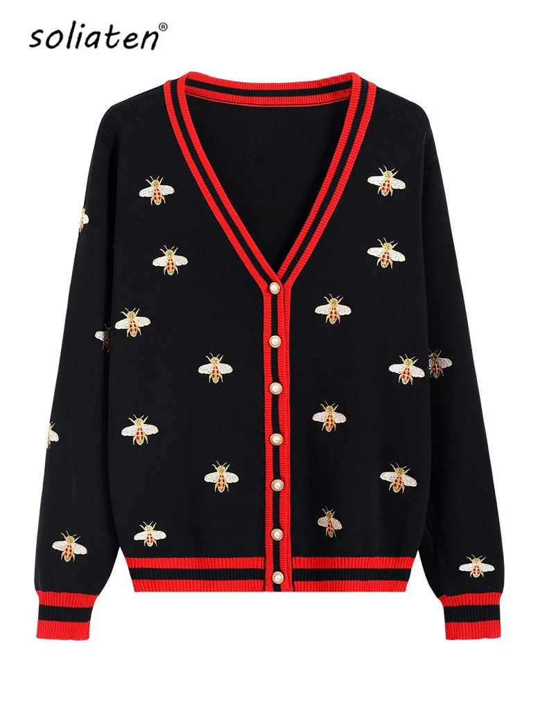 

Высококачественный модный дизайнерский кардиган с вышивкой в виде пчелы, однобортный трикотажный свитер контрастных цветов на пуговицах с...