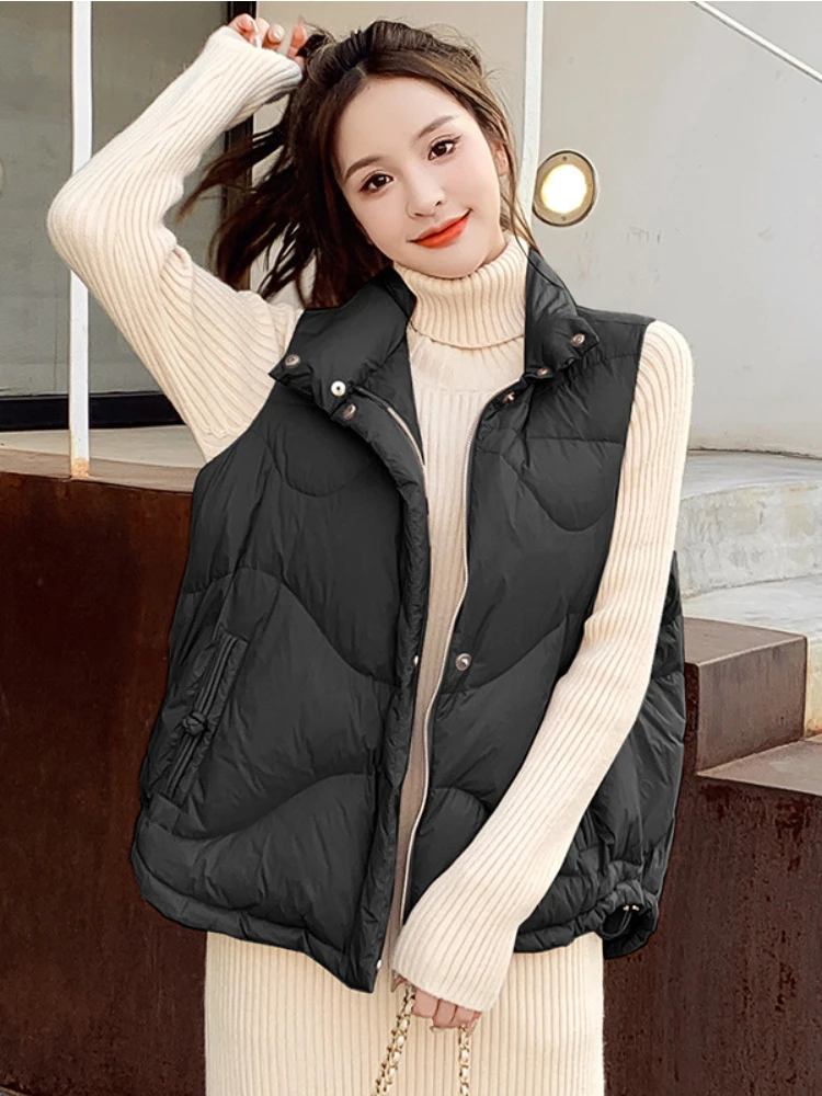 

2022 New Short Winter Down Jacket Women Coat 90% White Duck Down Vest Single Color Warm Loose Outerwear Fashion Streetwear