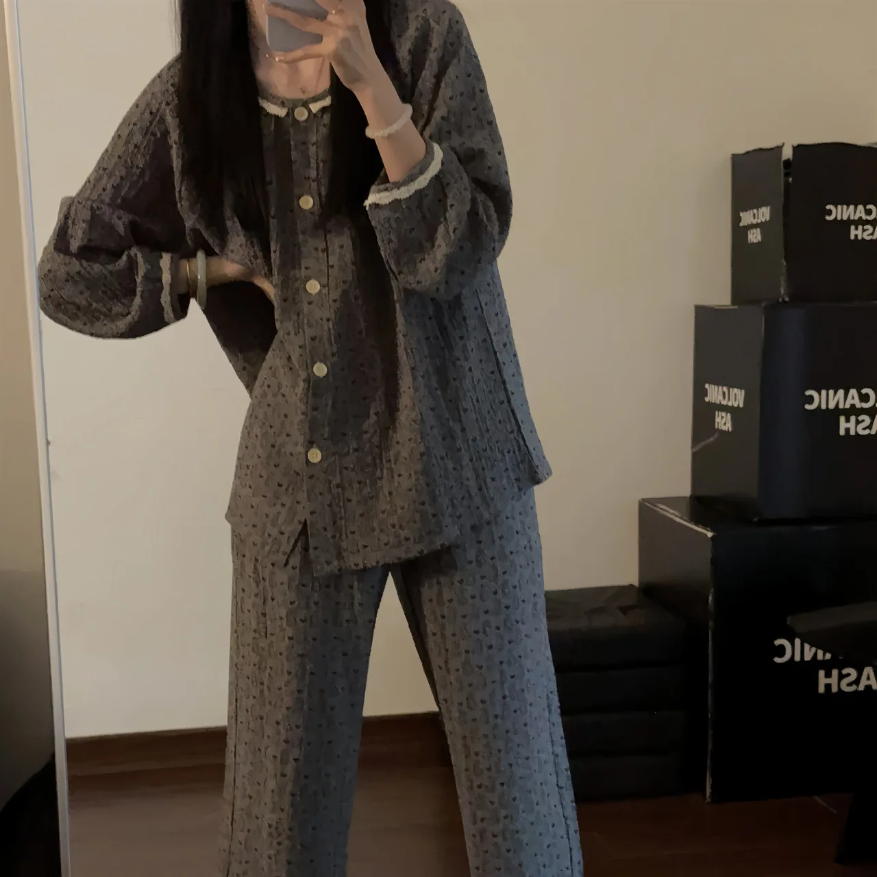 Осенняя серая женская пижама Seersucker с длинным рукавом новинка 2024 милая домашняя