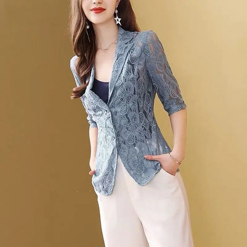 

Jacket Female 2022 Spring Summer 3/4 Sleeve V-neck Office Women Solid Color Hollow Lace Jacket Coat Women's Clothing E75