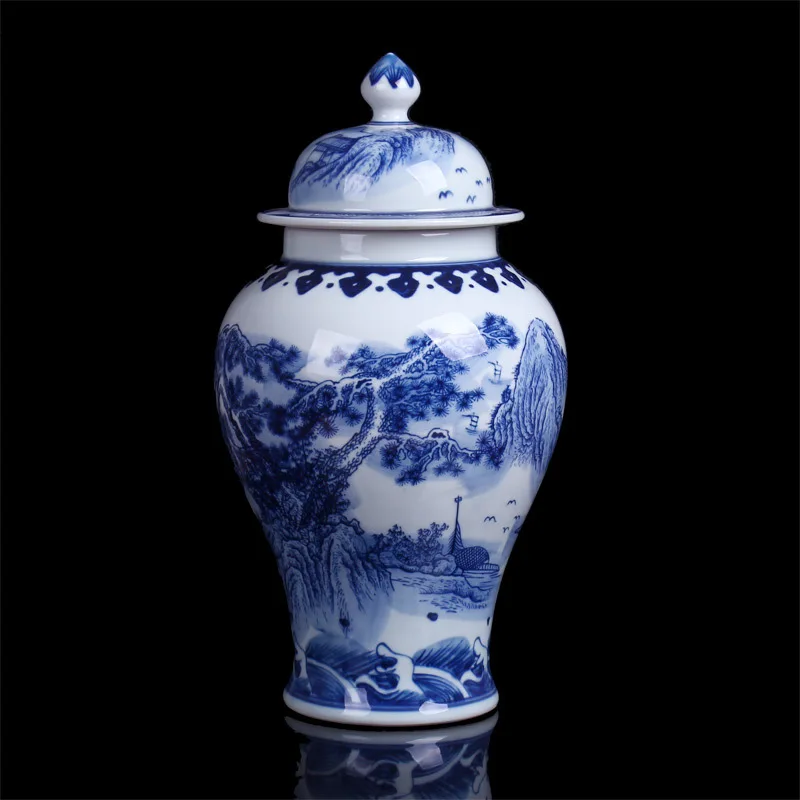 

Антикварная Имбирная керамическая банка в китайском стиле с ландшафтным рисунком, украшение для дома и офиса, сине-белая фарфоровая ваза