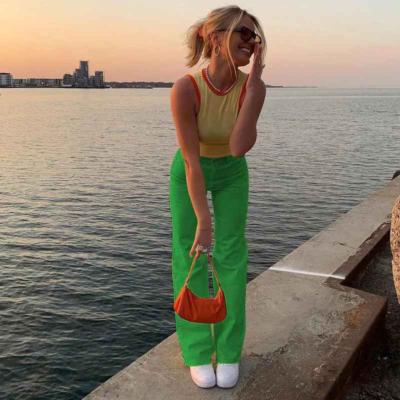 High Waist Color Jeans Y2K Suit 2022 Style Ladies Retro Drape Straight Street Wide-leg Patchwork Summer Yellow Jeans for Women