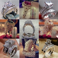 2 pcsset temperament crystal cubic zirconia rings set for women party wedding engagement jewelry accessories size 5 11