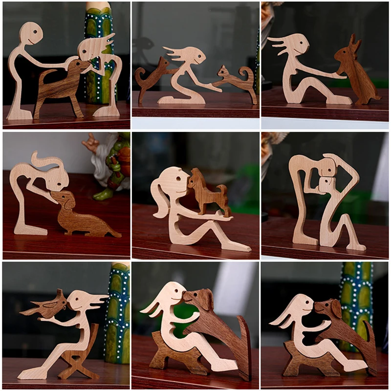 

Home Decor Table Ornament Wood Dog Craft Sculpture Handmade Wooden Pets Figurine Crafs Desk Decorations Christmas Gift