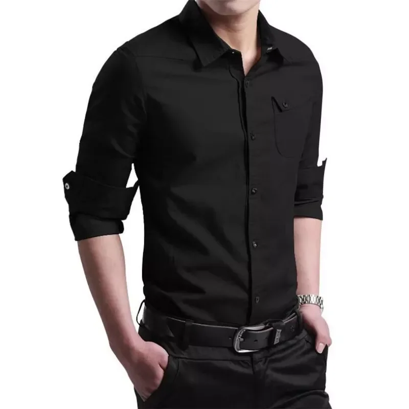

Casual Military Cotton Shirt Green Slim Fit Pocket Long Sleeve Vintage Tops Spring Autumn Social Dress Shirts