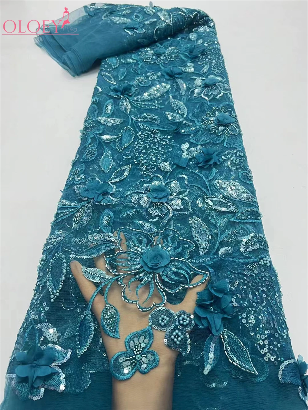 2024 модная французская сетка 3D Цветочная вышивка из бисера кружевная ткань с