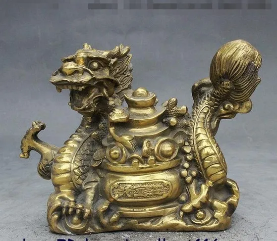 

China Folk Fengshui Brass Yuanbao Money Ruyi treasure bowl Dragon Animal Statue