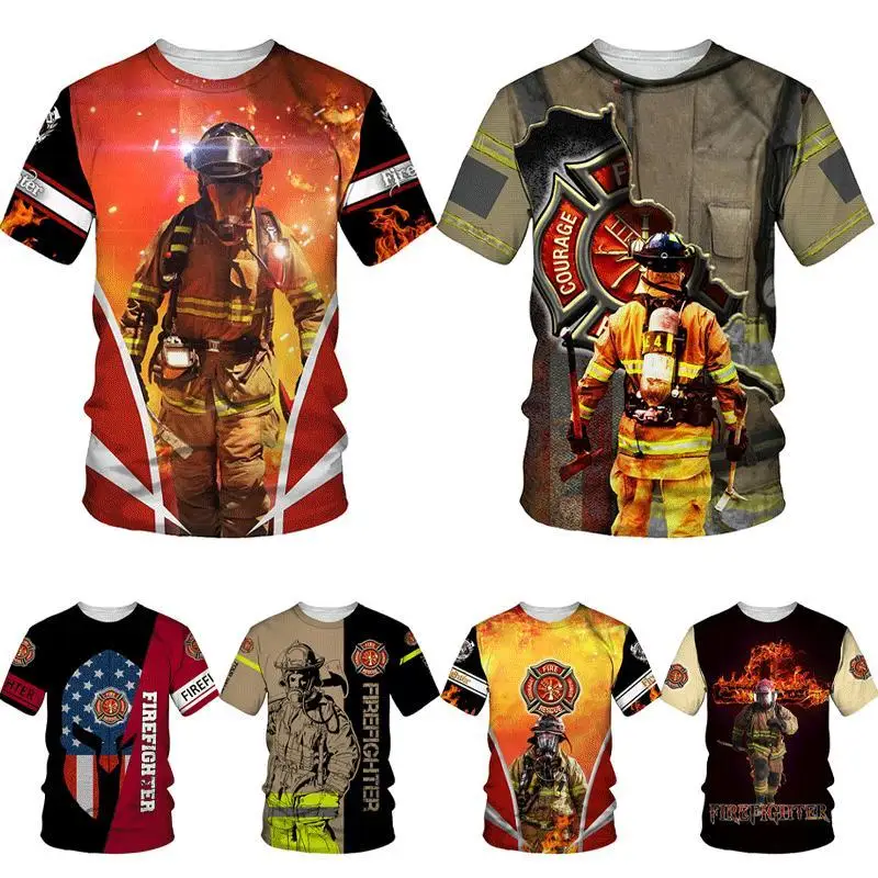 

Футболка унисекс с 3D-принтом пожарного, Повседневная дышащая быстросохнущая рубашка с коротким рукавом и круглым вырезом, уличная одежда в стиле хип-хоп