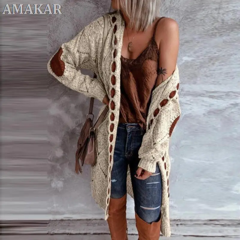 

2021 Autumn Winter Casual Long-Sleeved Middle Length Sweater Hollow Out Cardigan Sweater Patch Hooded Overcoat Street Style 3XL