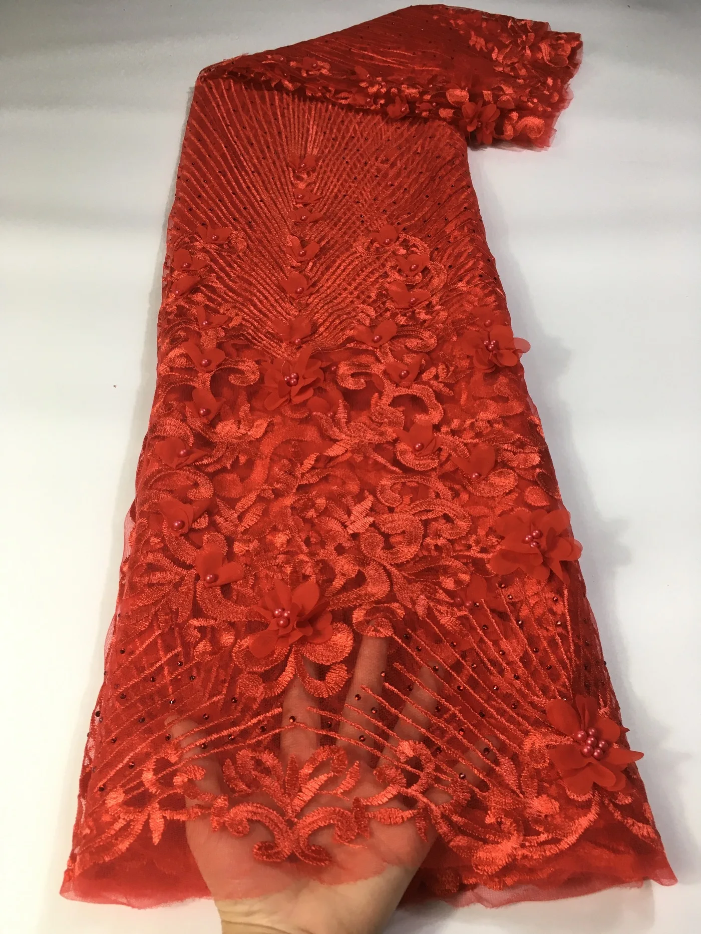 Модная красная кружевная ткань с 3D цветами 2022 Высококачественная африканская