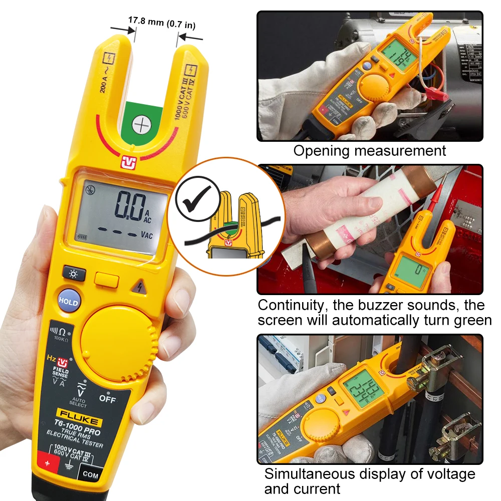 

Fluke T6 1000 Pro True RMS Electrical Tester AC DC 1000V 200A Voltage Current Visual Continuity Resistance Digital Clamp Meter