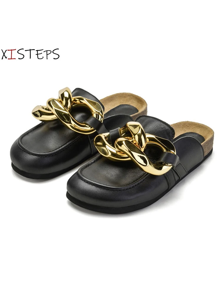 

Brand New Women Metal Chain Leather Flat Mules Outside Slippers Casual Shoes Ladies Runway Half Slippers Big Size Women Slides