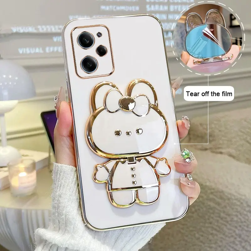 

Makeup Mirror Phone Case For Xiaomi Poco X5 Pro Plating Cartoon Rabbit Folding Bracket Phone Protection Case Cover