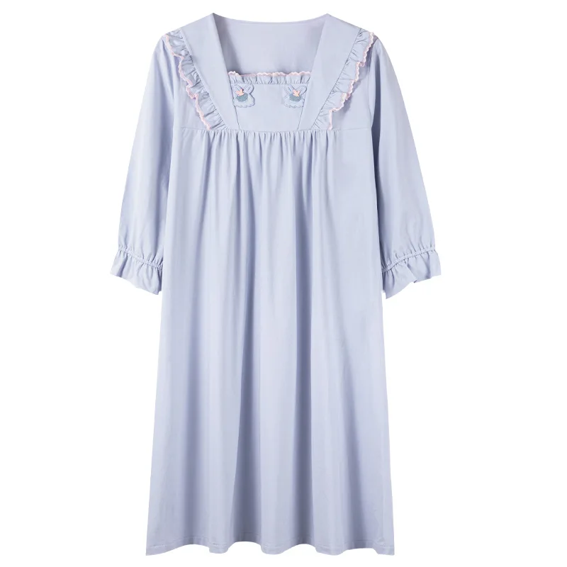 Nightgowns Women's Spring and Summer Pure Cotton Nine-point Sleeve Thin Sweet Princess Style Loose Simple and Casual Sleepwear