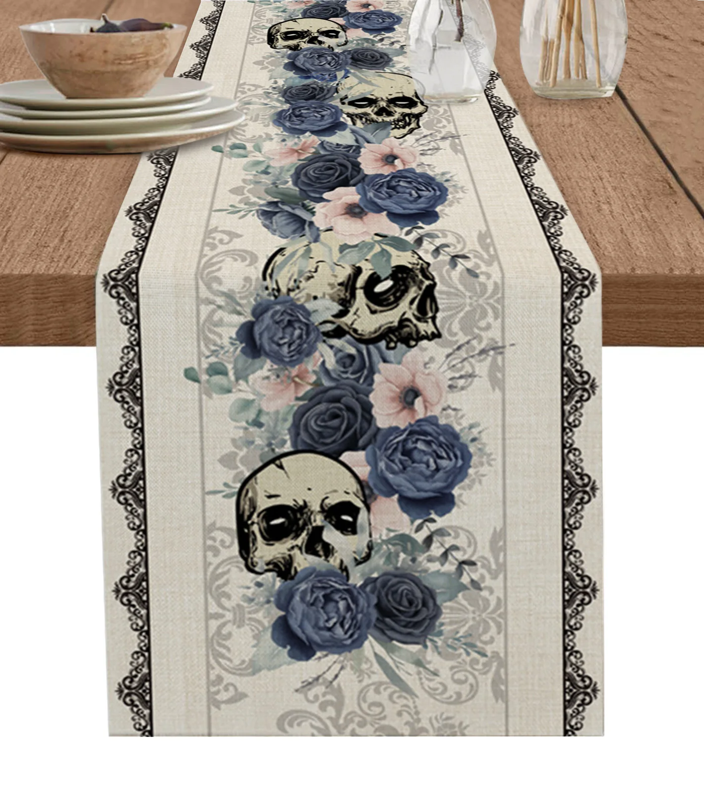 

Halloween Flower Skull Table Runner Christmas Decoration Tablecloth Wedding Party Decor Table Cover