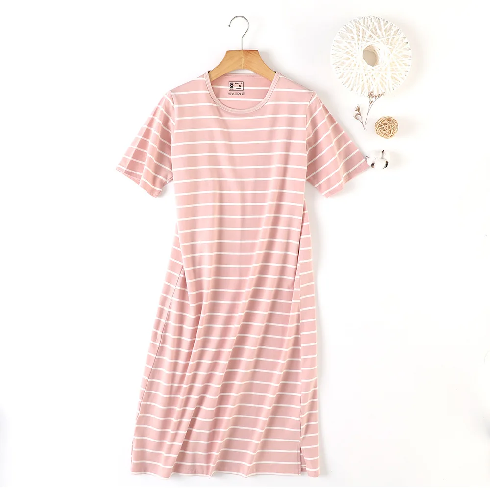 Spring and Summer Home Clothes Striped Dress Women Plus Size Short-sleeved Cotton Nightwear Sleep Tops Sexy Sleepwear Night Gown