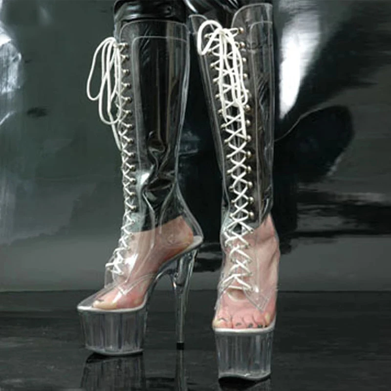 15CM High Heel Transparent Clear Platform Cross-tied Zipper Booties Pole Dance Party Stripper Ladies Shoes