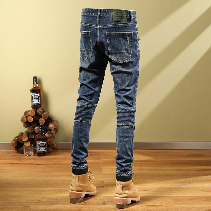 High Street Fashion Men Jeans Vintage Blue Elastic Skinny Retro Ripped Jeans Men Spliced Designer Hip Hop Biker Pants Hombre