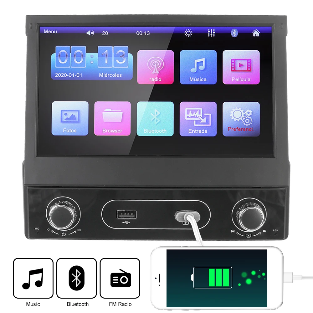 

1 Din Bluetooth 2-USB Port AUX Input Multimedia Player Mirror Link 7 Inch Universal FM Receiver Car Radio Retractable Screen