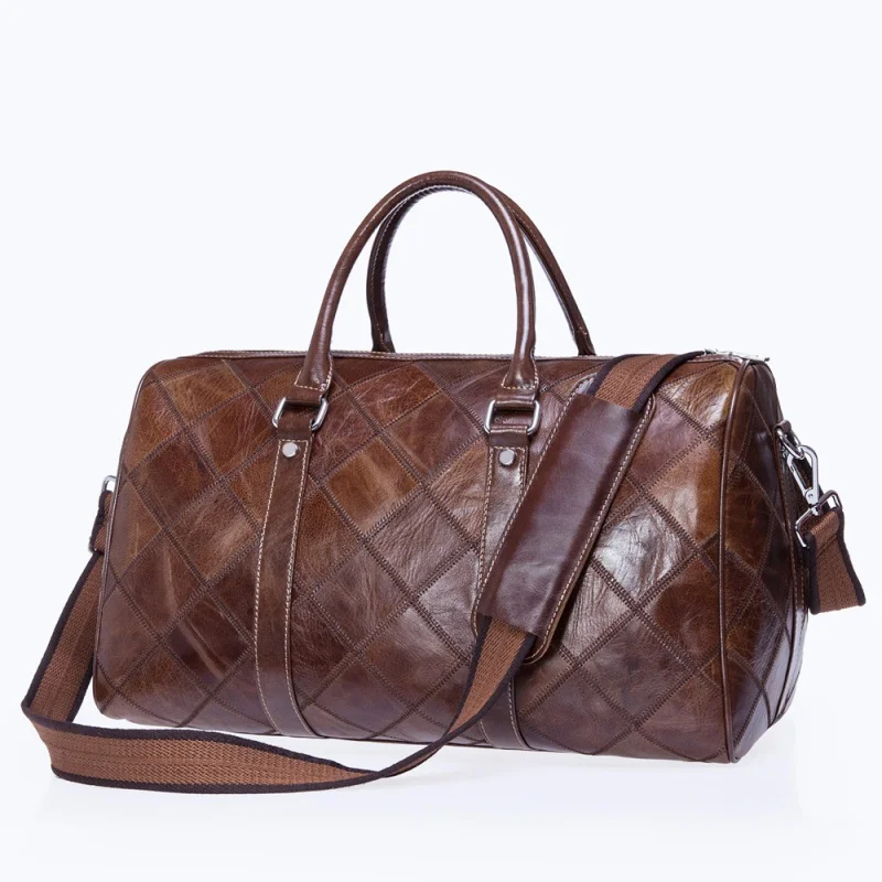 Luxury Plaid Genuine Leather Men Travel Bag Cowhide Retro Travel HandBag Casual Male Duffel Bag Large Capacity Shoulder Bag