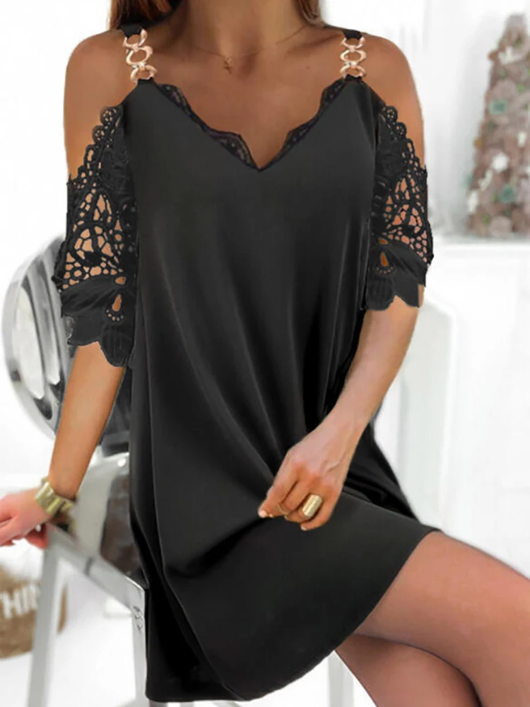 

Casual Chain Strap Women Mini Dress Elegant Hollow Lace Sleeve Loose Pullover Dress Sexy V Neck Off Shoulder Office Lady Dresses