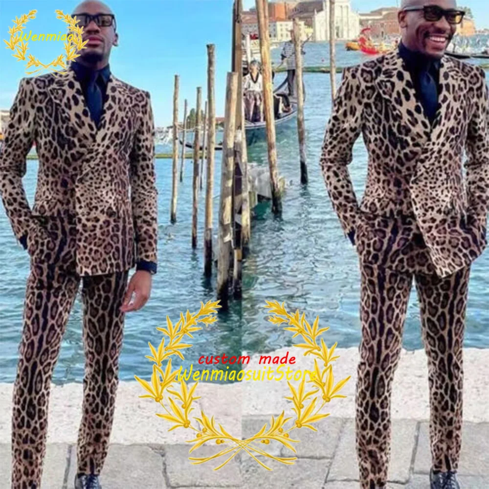 Leopard Print Men's Suits Slim Fit Peaked Lapel 2 Pieces Suede Blazer Tuxedos Party Prom Wear Pants Conjuntos De Chaquet