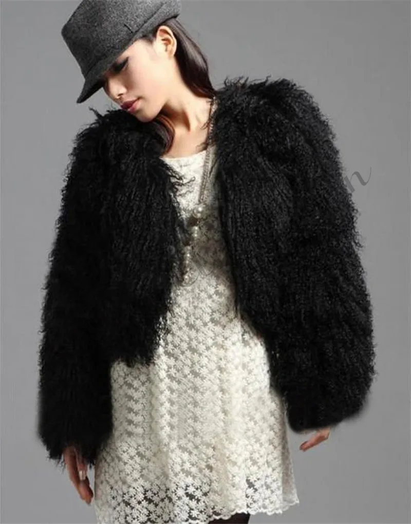 Women Lamb Fur Short Coat Tan Sheep Fur Overcoat Female Casual Warm Whole Skin Jackets 50cm Mongolia Sheep Fur Midwaist Length