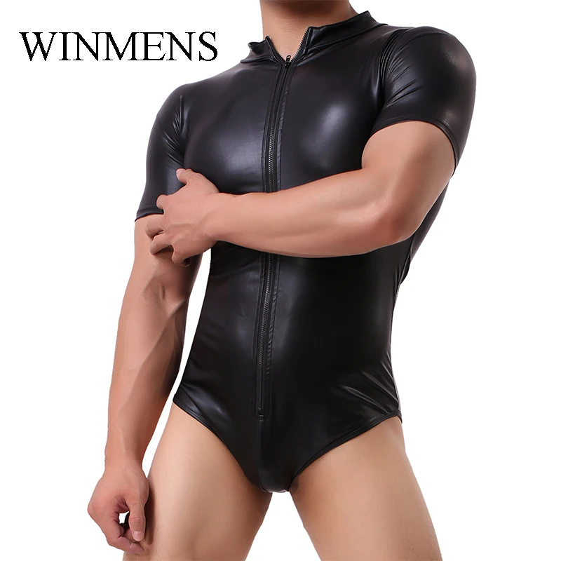 Черный мужской слитный боди из искусственной кожи для взрослых облегающая