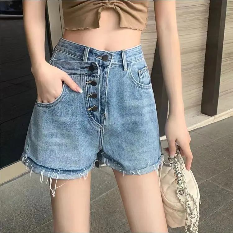 New Casual High Waist Denim Shorts Women Summer Pocket Tassel Hole Ripped Jeans Female Femme Short Pants N31