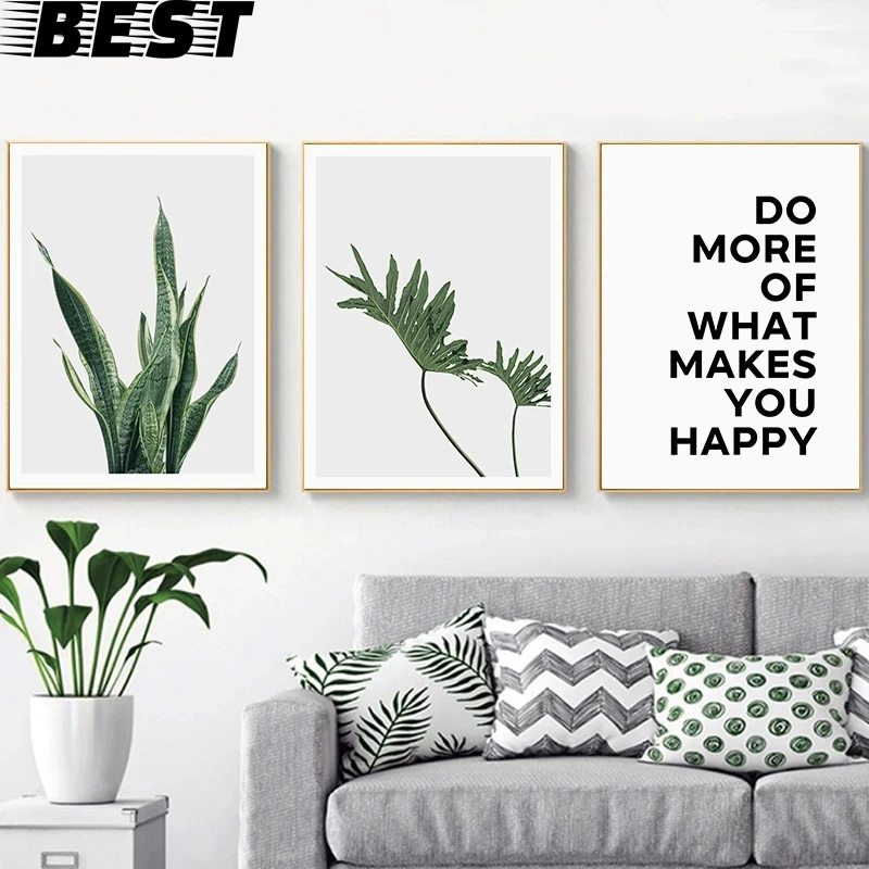 

Скандинавская Картина на холсте с зелеными листьями растений, скандинавские плакаты и принты, цитаты, настенные картины для украшения гост...