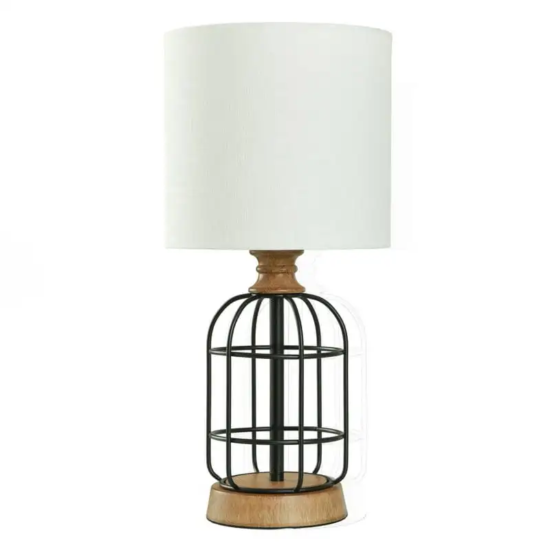 

Metal Cage Table Lamp with Wood Accents and Drum Shade, 17"