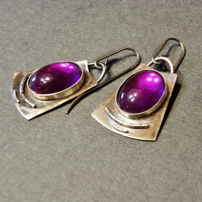 

New Retro Oval Purple Resin Stone Earrings Antique Silver Color Geometric Metal Hook Dangle Earrings For Women Anniversary Gift