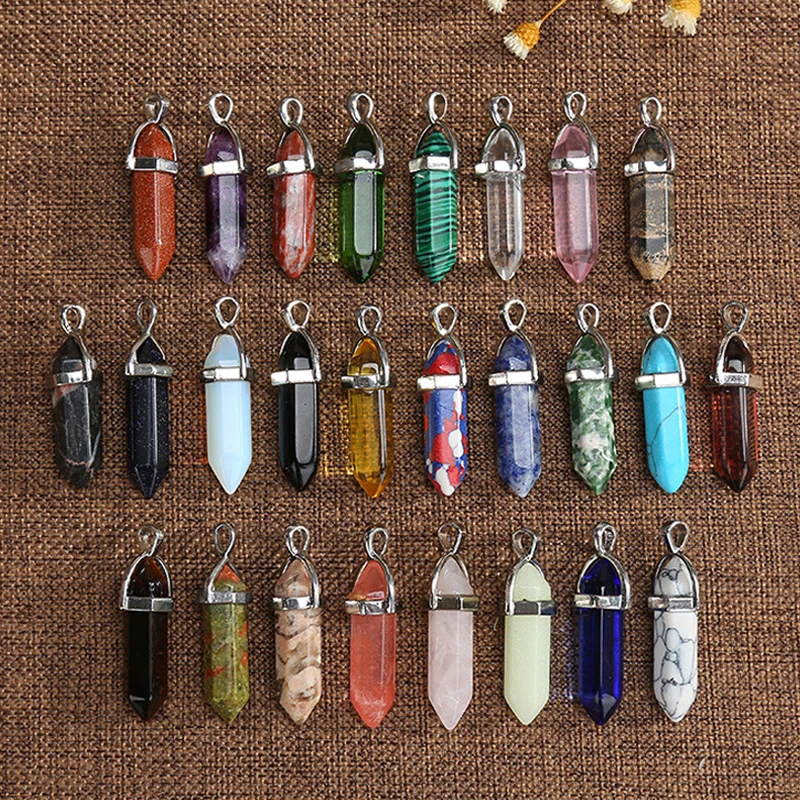 Natural Stone Hexagonal Point Pendants Necklaces Healing Crystal Quartz Fluorite Lapis Bullet Pendulum Chakra Jewelry Gift Daily