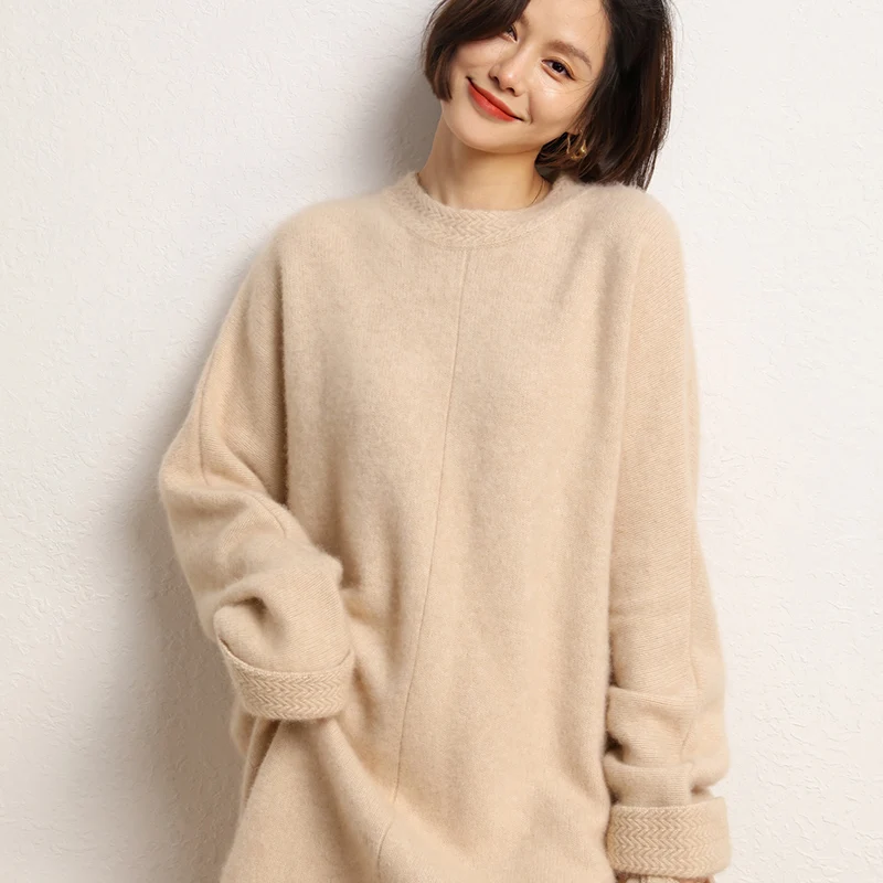 High-end New 100% Cashmere Long Sweater Dress Women Casual Knit Dresses Winter Female Loose Large Size O-Neck Elastic Pullover