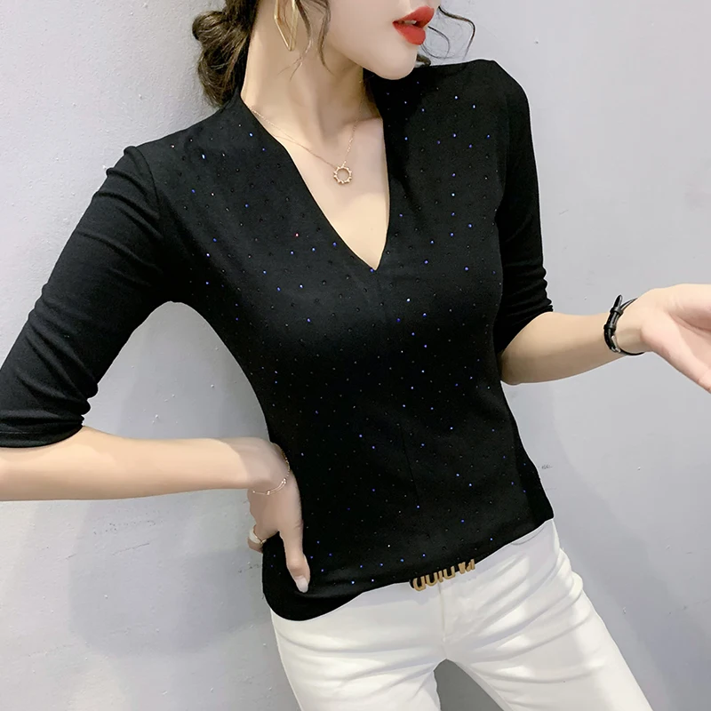 Женская хлопковая футболка с коротким рукавом, однотонная Блестящая футболка с V-образным вырезом, модель 2022 в Корейском стиле на лето, 9337