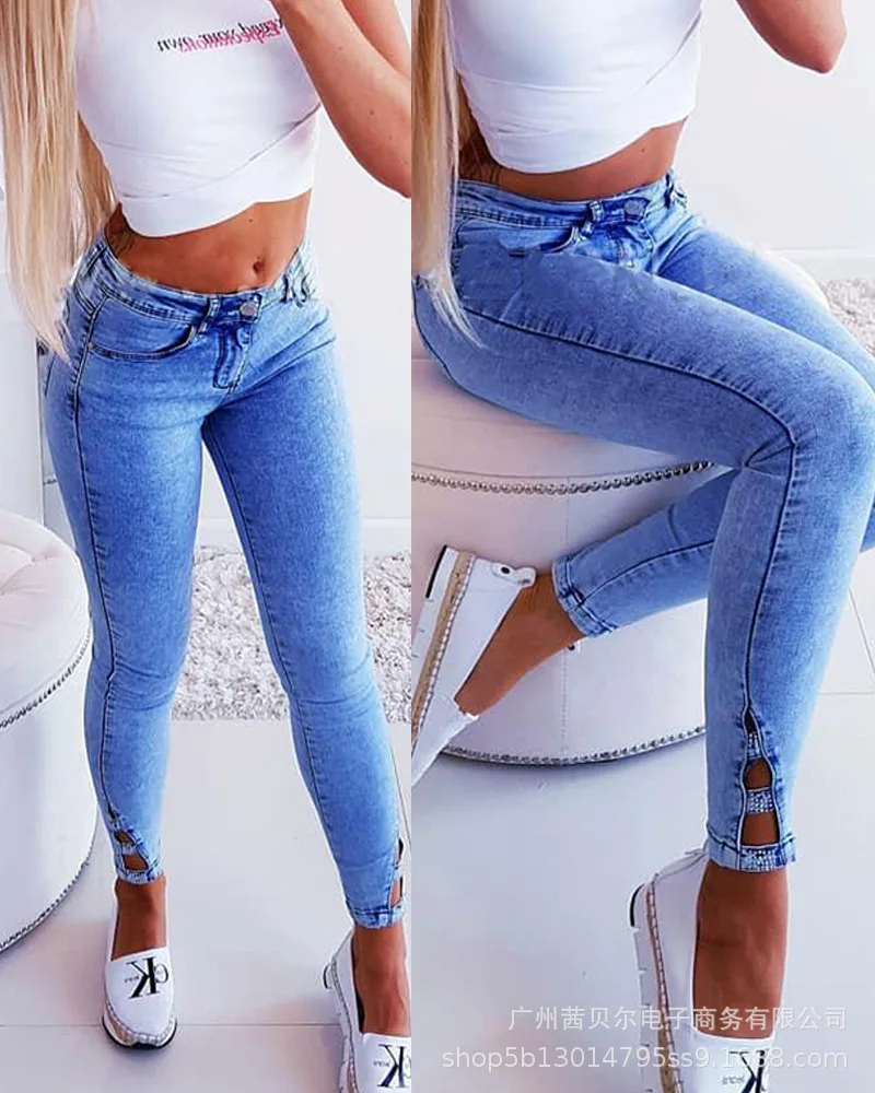 Sexy Women Bodycon Hot Diamond Cutout Skinny Jeans Woman Autumn 2022 New Fashion Jeans