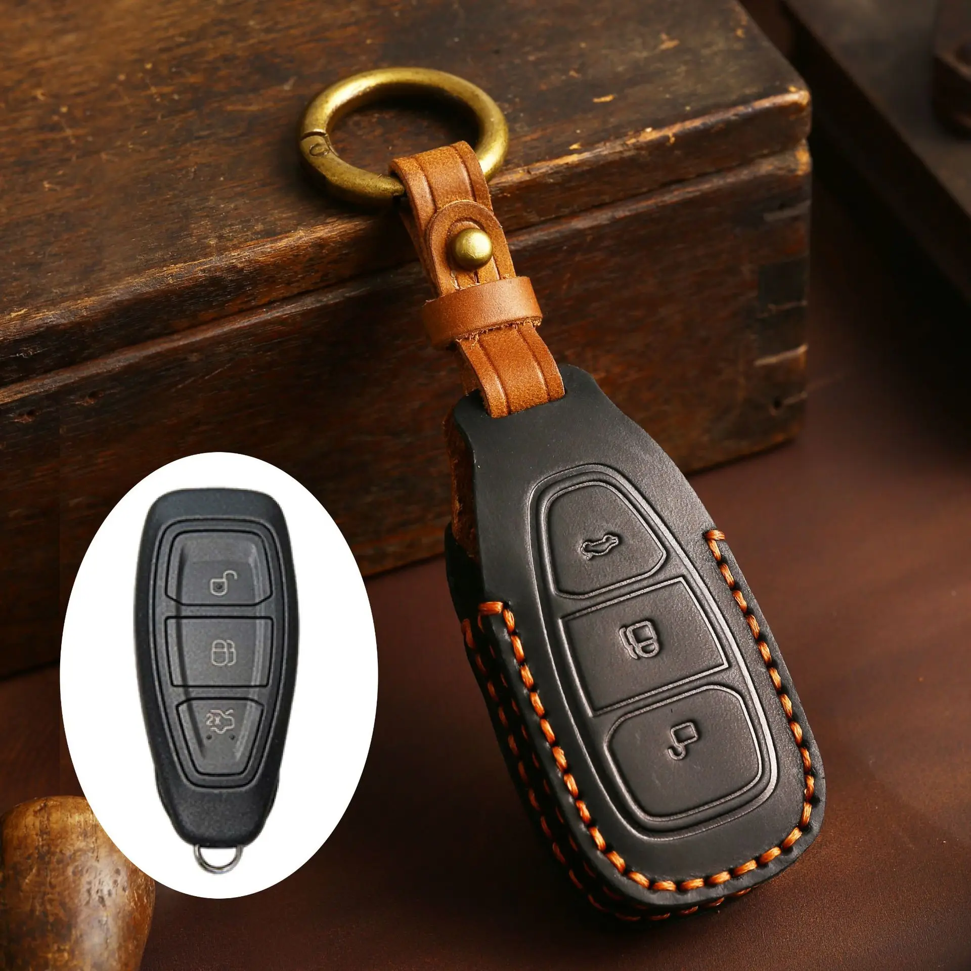 

Для Ford Fiesta Focus Mondeo Ecosport Kuga Smart Remote кожаный чехол для ключей от машины, защитный чехол для аксессуаров, держатель, брелок для ключей