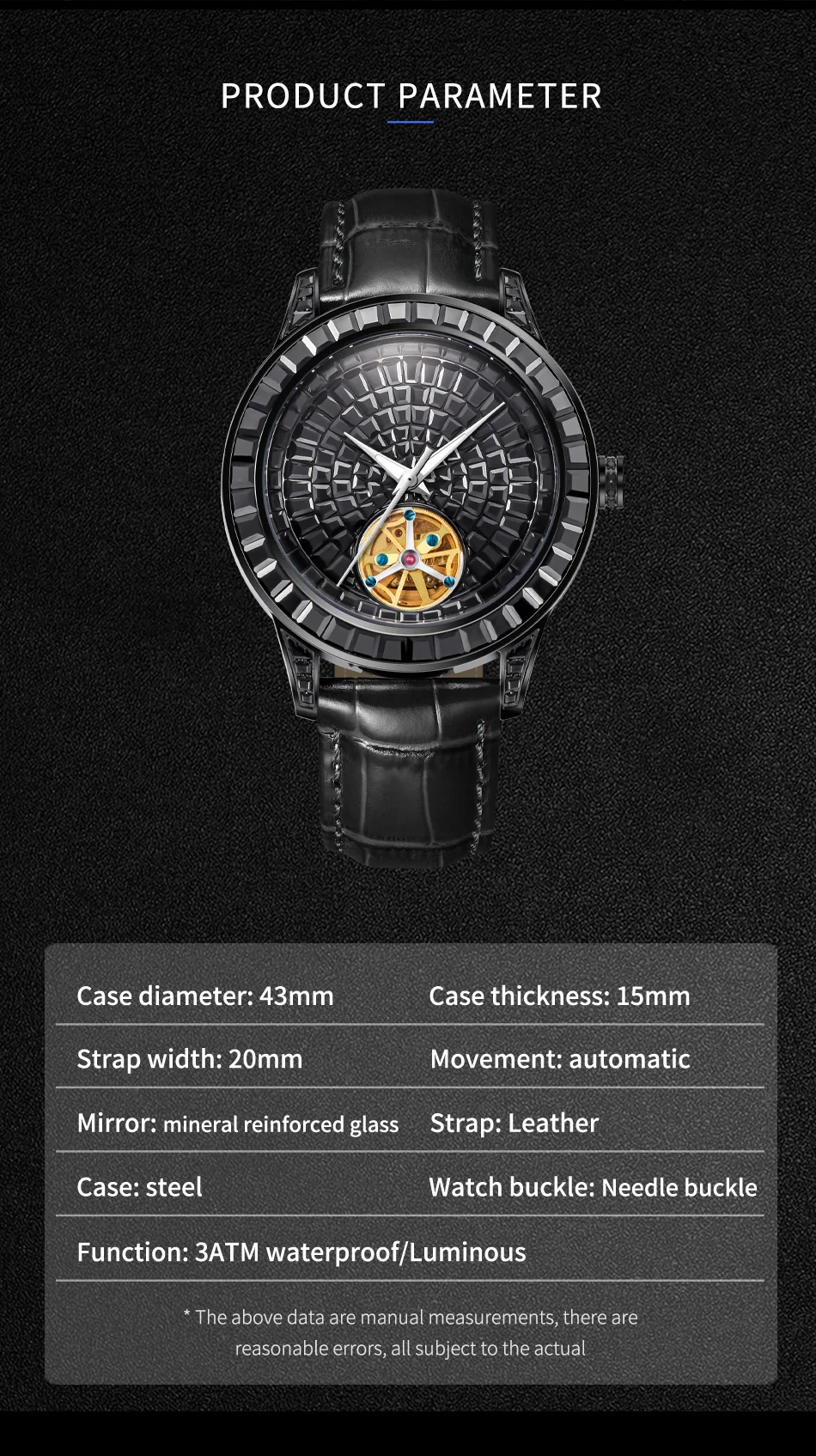 Haemmer Design Роскошные мужские деловые повседневные часы с бриллиантами, кожаные светящиеся водонепроницаемые полностью автоматические механические часы (art.: 3920d16bf105f) - 3920d16bf105f