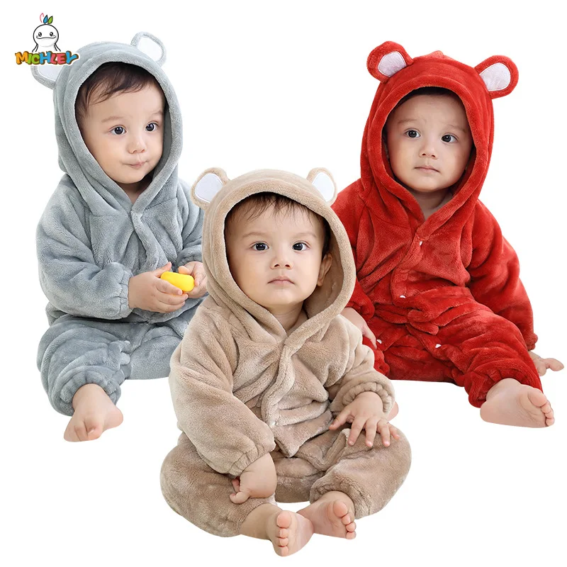 

Bear baby flannel one-piece suit Autumn and winter children's crawling clothes Cute baby clothes